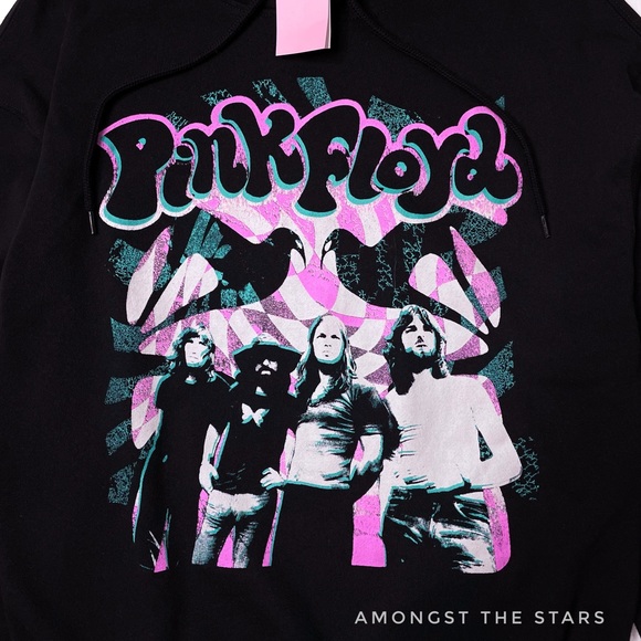 Pink Floyd Psychedelic Print Black Drawstring Band Hoodie - Picture 2 of 7